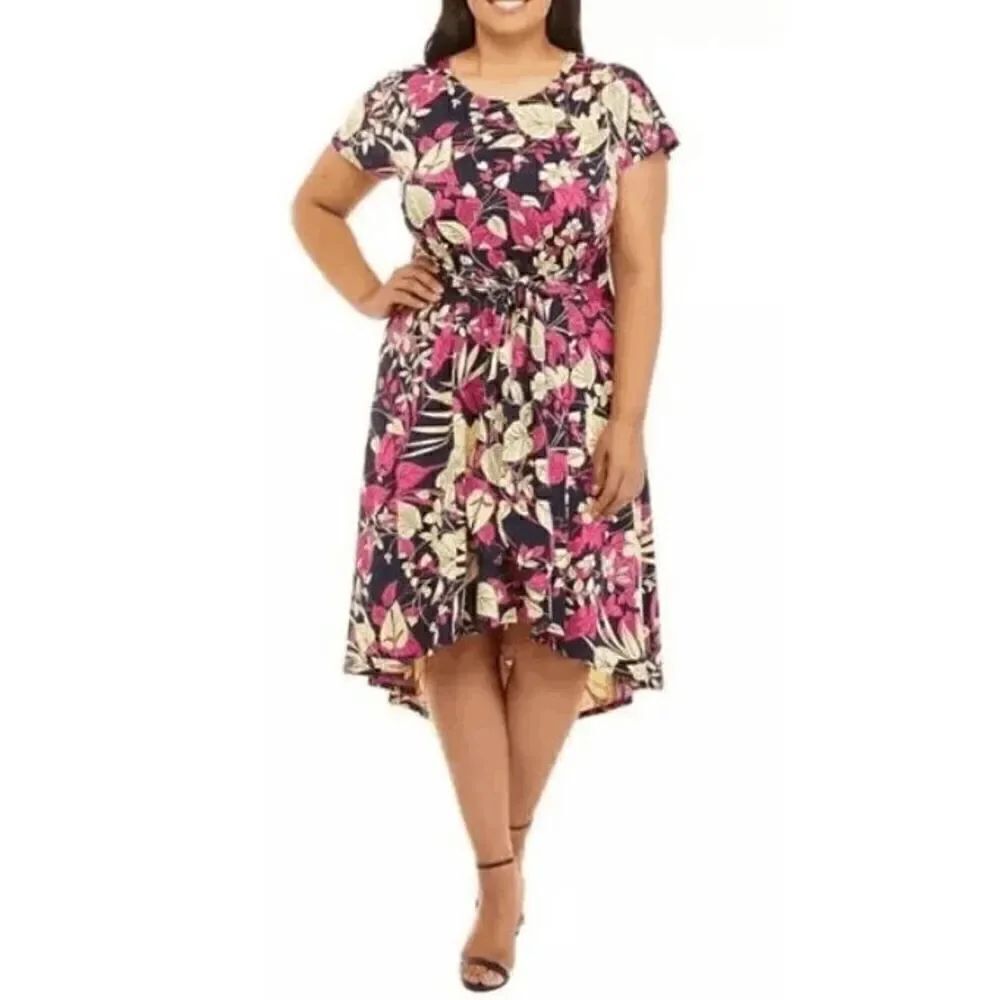 Robbie Bee Floral Plus Size High-Low Midi Dress 2X
